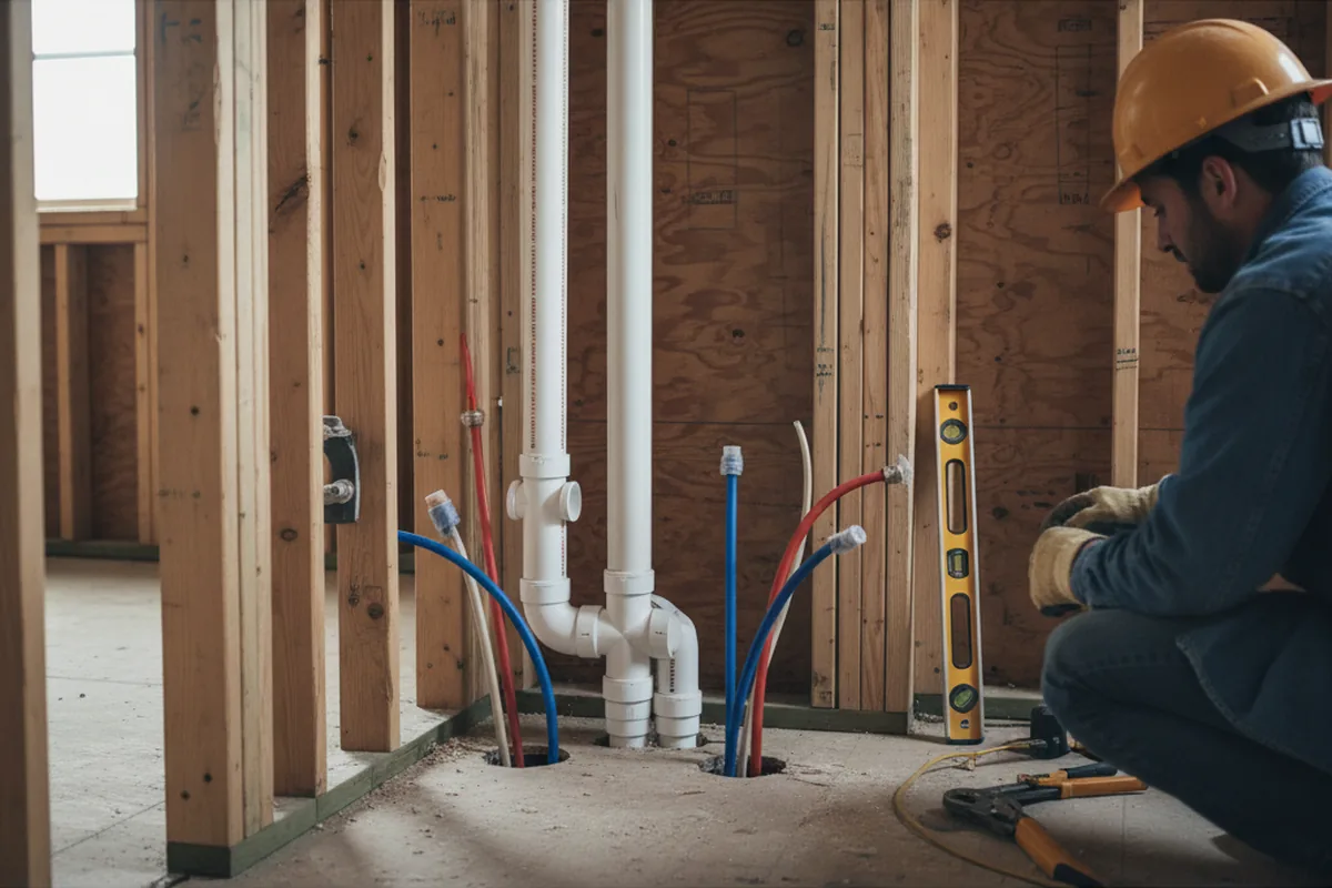 Drain and supply rough-in during Sump Pump Repair in Lesage