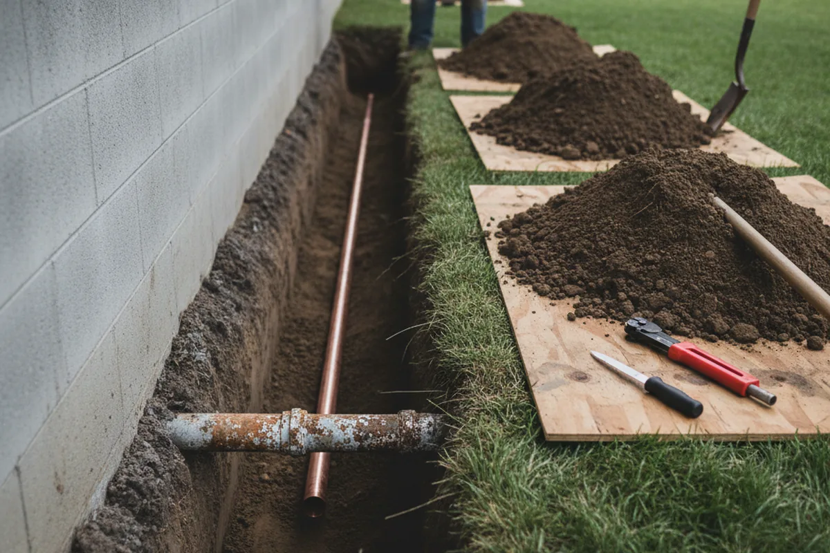 Excavated water line trench during Water Heater Repair in Lesage